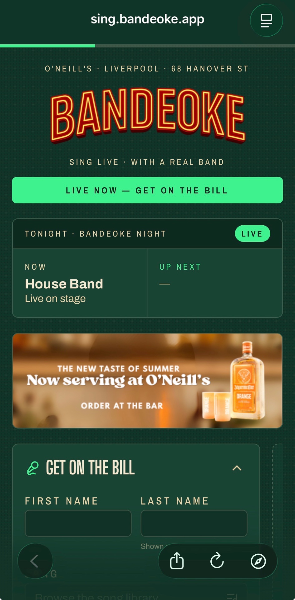 Bandeoke guest app on iPhone showing the live queue at O'Neill's Liverpool