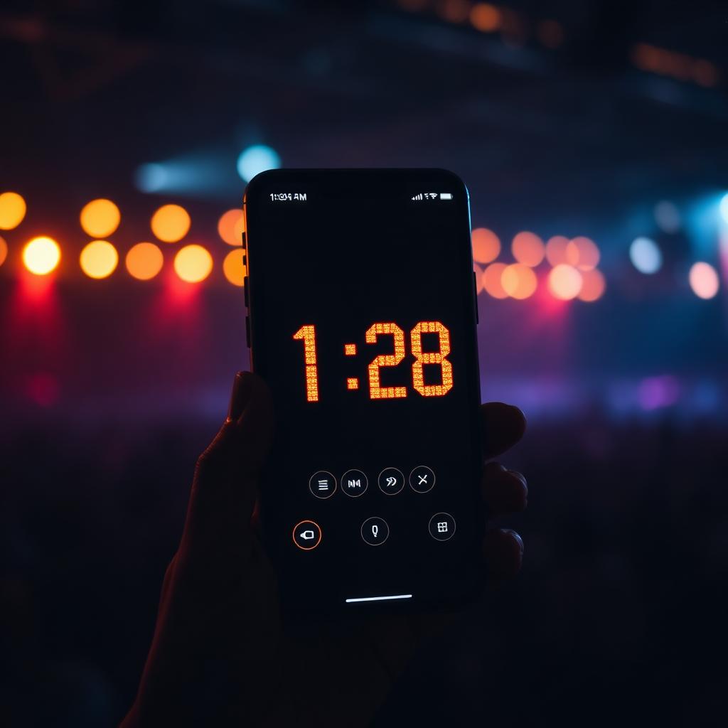 Phone screen showing a glowing countdown timer in a live venue