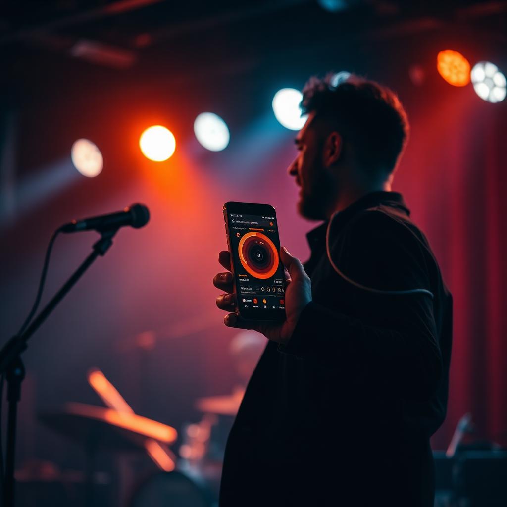 Host on stage operating the Bandeoke handset UI on their phone