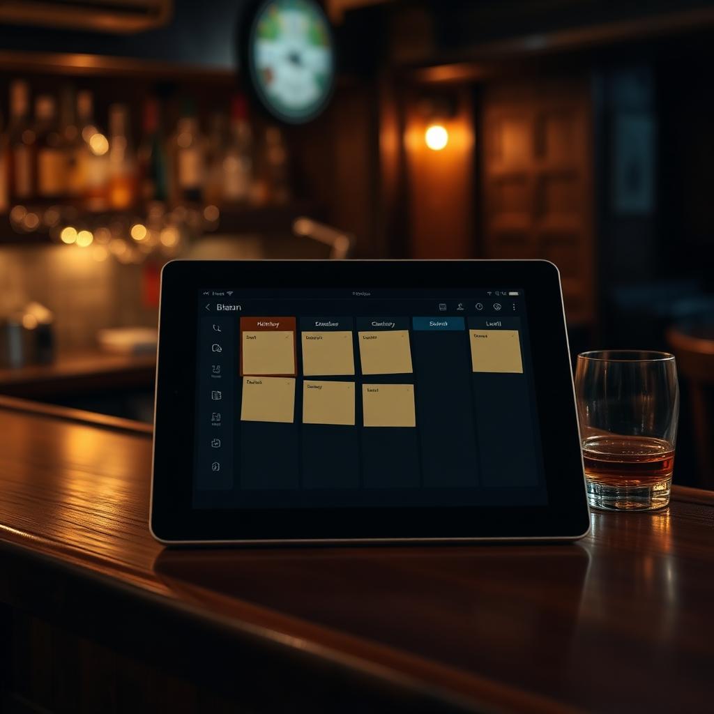 Tablet on a bar counter showing a Kanban host board
