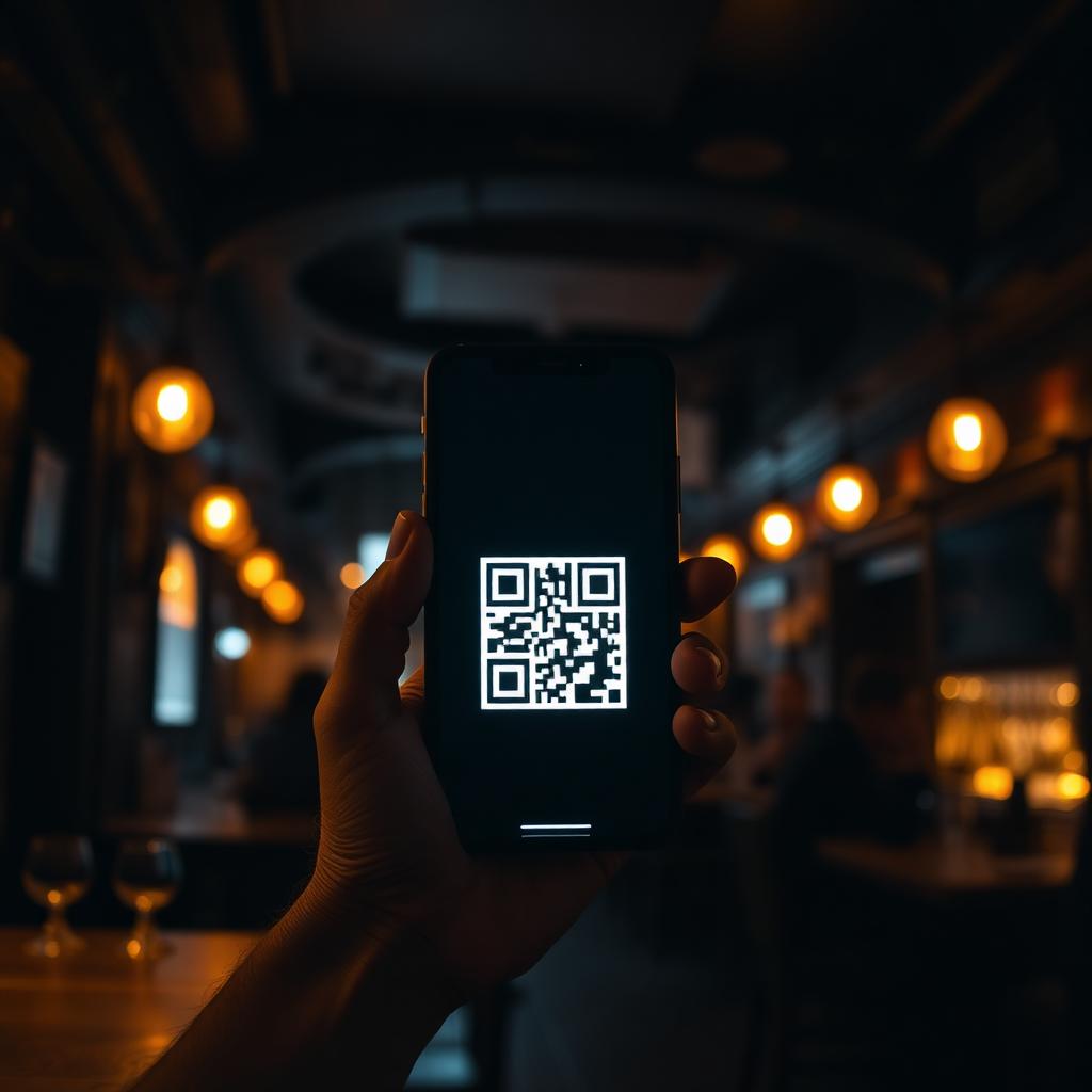 A guest holding a phone showing a QR code in a warm-lit pub
