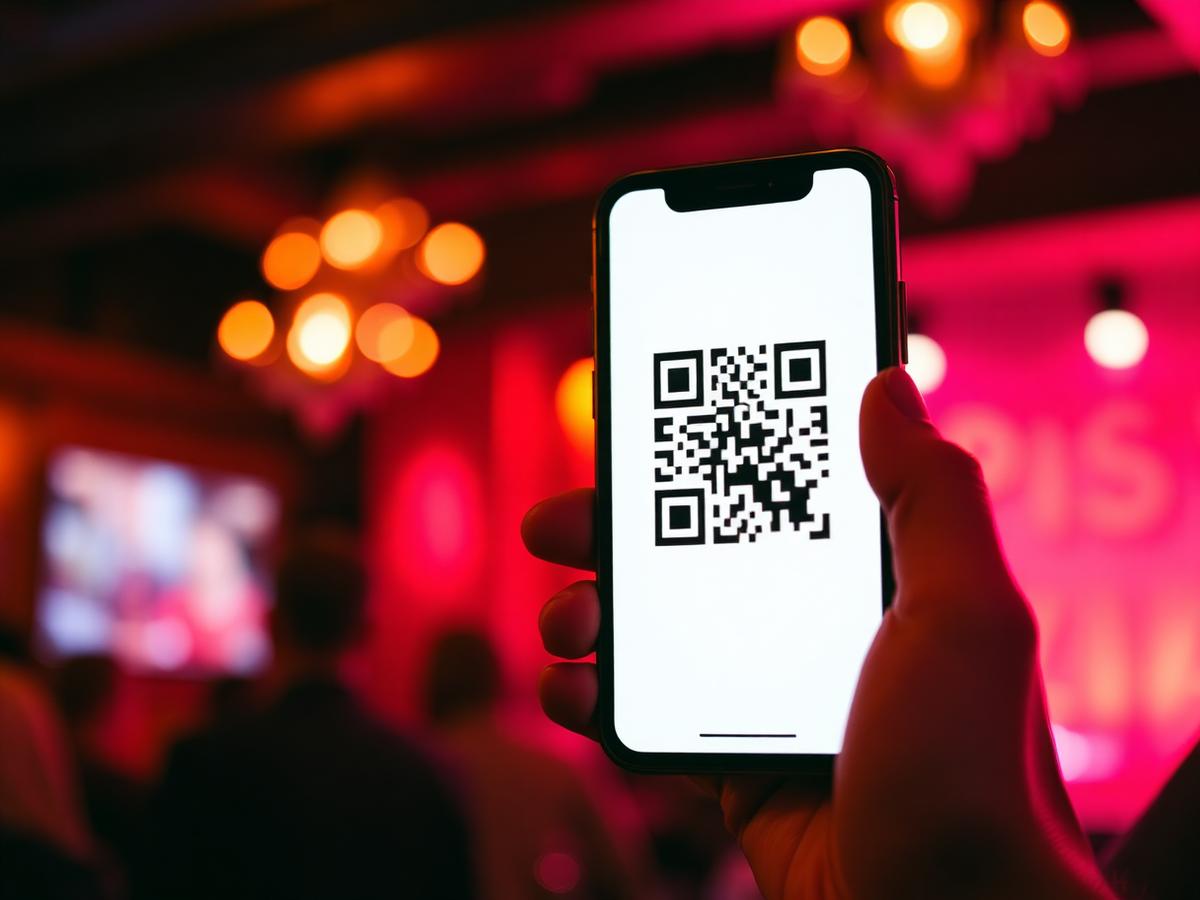 A guest holding their phone with a QR code on screen in a warm pub setting